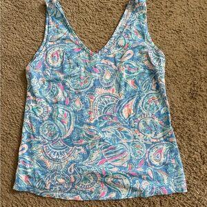 Lilly Pulitzer Blue Paisley V-Neck Tank with Pink Accents